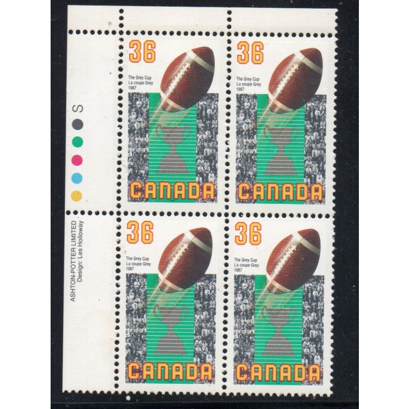 Canada Sc 1154 1987 36c Grey Cup Anniversary UL Inscription  Block of 4 mint NH