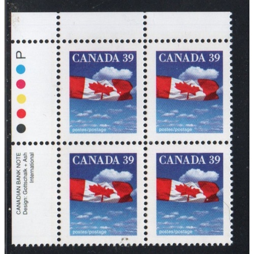 Canada Sc 1166 1989 39c Flag Over Clouds UL Inscription  Block of 4 mint NH