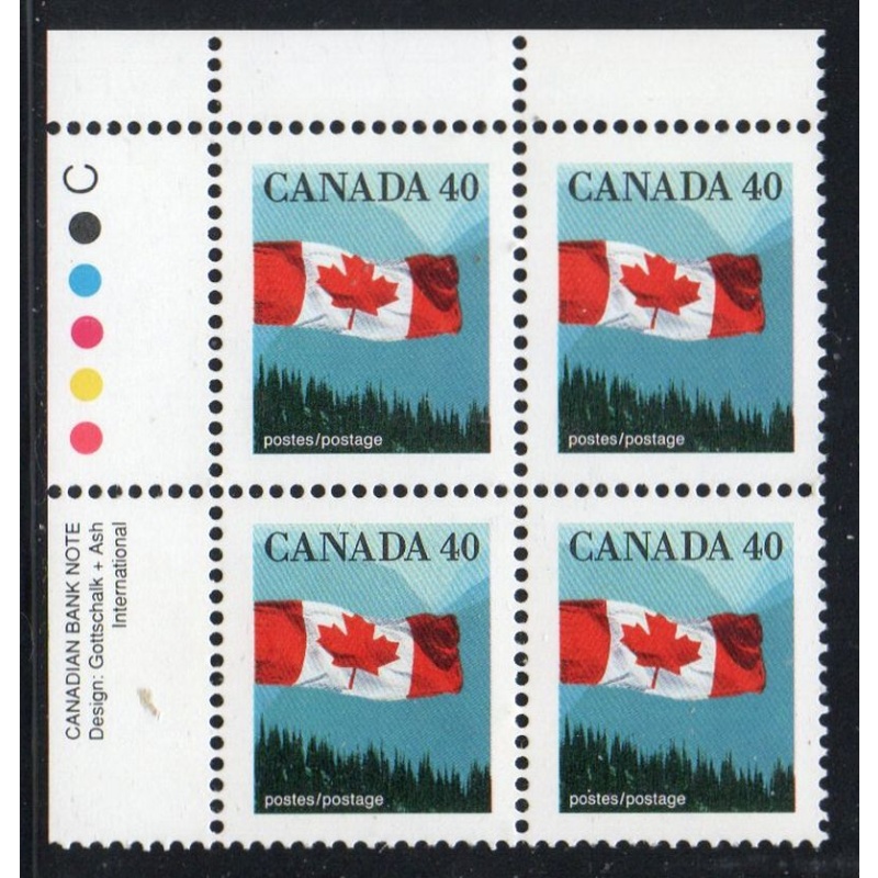 Canada Sc 1169 1990 40c Flag Over Mountains UL Inscription  Block of 4 mint NH