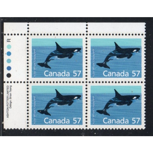 Canada Sc 1173 1988 57 c Killer Whale UL Inscription  Block of 4 mint NH