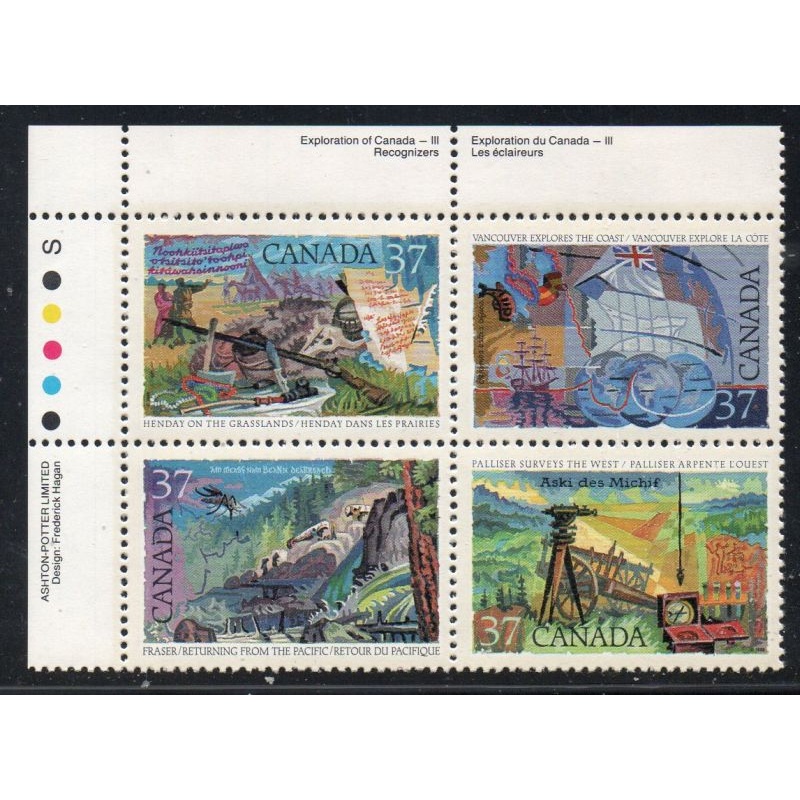 Canada Sc 1199-1202 1988 37c  Explorers of Canada UL Inscription  Block of 4 mint NH