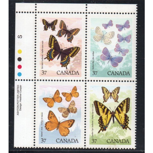 Canada Sc 1210-13 1988 37c Butterflies UL Inscription  Block of 4 mint NH