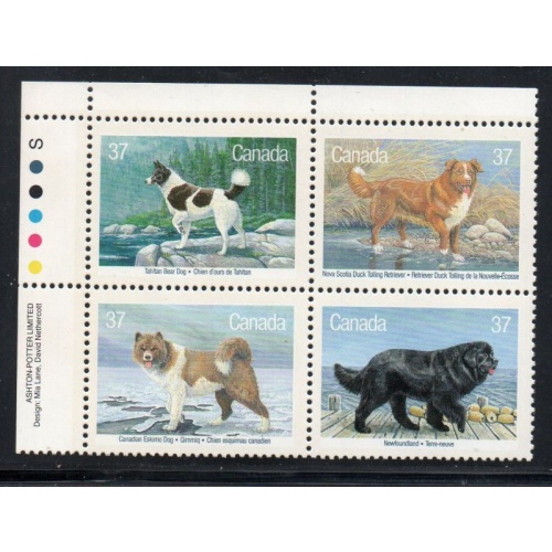 Canada Sc 1217-1220 1988 37c Dogs UL Inscription  Block of 4 mint NH