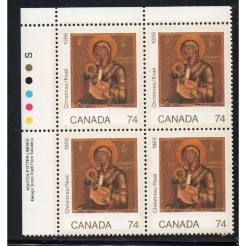Canada Sc 1224 1988 74c Christmas UL Inscription  Block of 4 mint NH