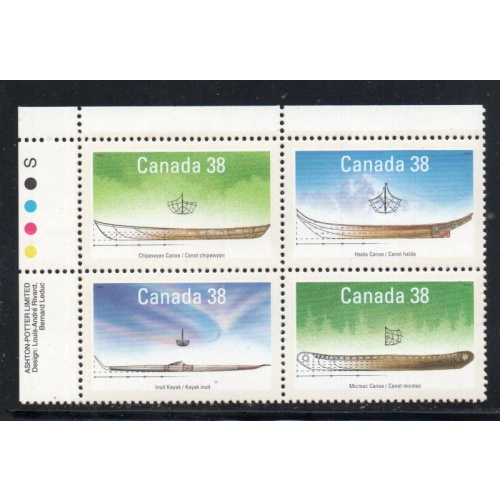 Canada Sc 1229-1232 1989 38c Small Craft UL Inscription  Block of 4 mint NH
