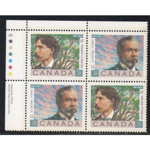 Canada Sc 1243-1244 1989 38c Poets UL Inscription  Block of 4 mint NH
