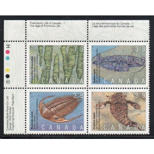 Canada Sc 1279-1282 1990 39c Prehistoric Life UL Inscription  Block of 4 mint NH