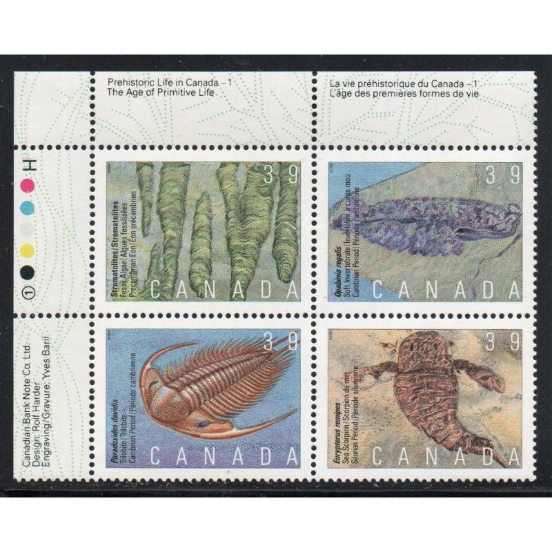 Canada Sc 1279-1282 1990 39c Prehistoric Life UL Inscription  Block of 4 mint NH