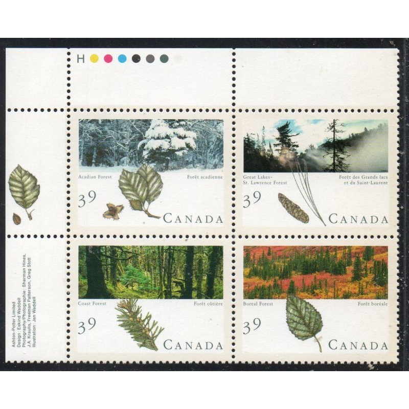 Canada Sc 1283-1286 1990 39c Majestic Forests UL Inscription  Block of 4 mint NH