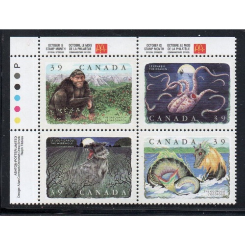 Canada Sc 1289-1292 1990 39c Legendary Creatures UL Inscription  Block of 4 mint NH