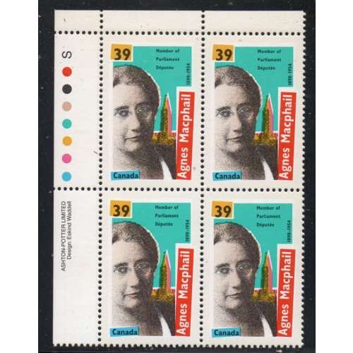 Canada Sc 1293 1990 39c Agnes Macphail UL Inscription  Block of 4 mint NH