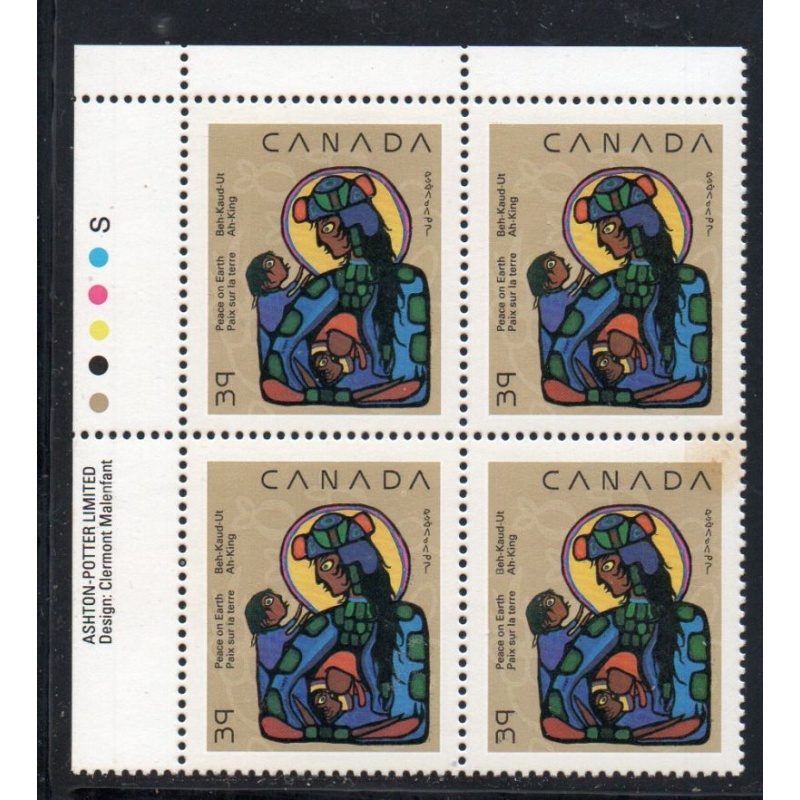 Canada Sc 1294 1990 39c Christmas UL Inscription  Block of 4 mint NH