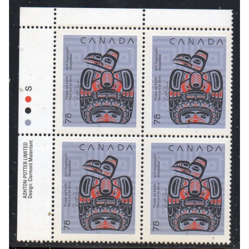 Canada Sc 1296 1990 78c Christmas UL Inscription  Block of 4 mint NH