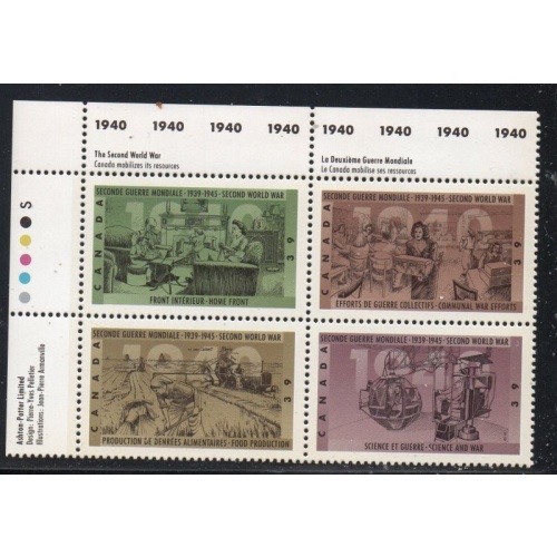 Canada Sc 1298-1301 1990 39c WW II 1940 Events UL Inscription  Block of 4 mint NH