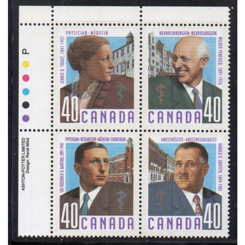 Canada Sc 1302-1305 1991 40c Doctors Events UL Inscription  Block of 4 mint NH