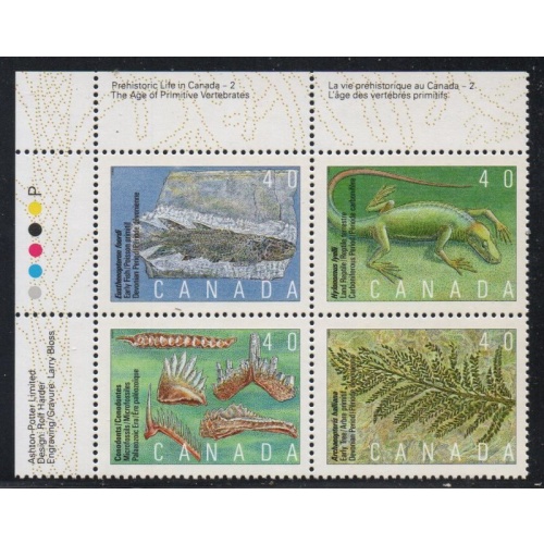 Canada Sc 1306-1309 1991 40c Prehistoric Life UL Inscription  Block of 4 mint NH