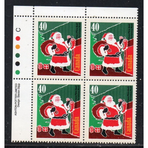 Canada Sc 1338 1991 40c Christmas  UL Inscription  Block of 4 mint NH