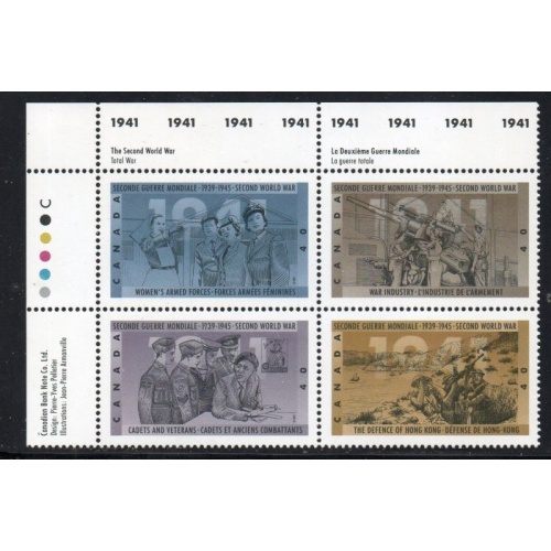 Canada Sc 1345-1348 1991 40c WW II 1941 Events  UL Inscription  Block of 4 mint NH