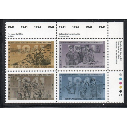 Canada Sc 1348a 1991 WW II 1051 Events Inscription  Block of 4 mint NH