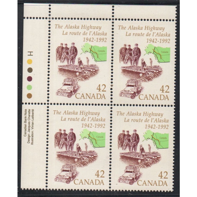 Canada Sc 1413 1992 42c Alaska Highway UL Inscription  Block of 4 mint NH