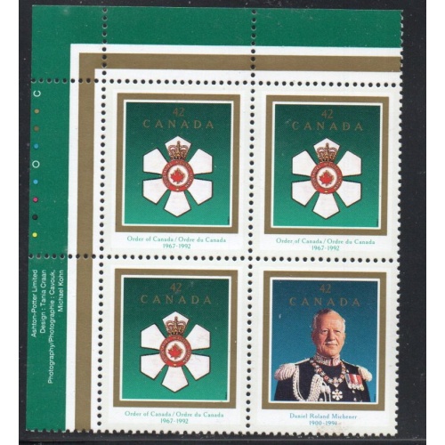 Canada Sc 1447a 1992 Order of Canada Michener UL Inscription  Block of 4 mint NH