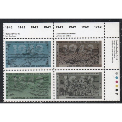 Canada Sc 1451a 1992 WWII 1942 Events UR Inscription  Block of 4 mint NH