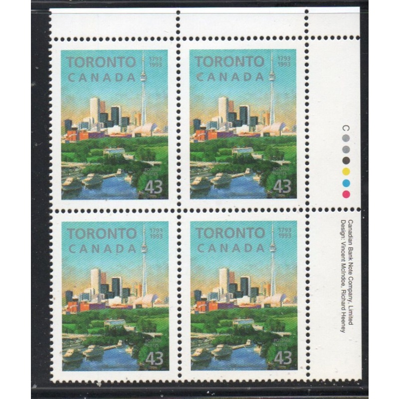 Canada Sc 1484 1993 Toronto Anniversary UR Inscription  Block of 4 mint NH