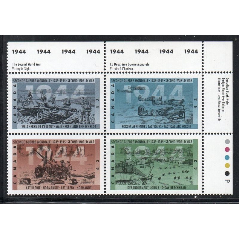 Canada Sc 1540a 1994 WW II 1944 Events UR Inscription  Block of 4 mint NH