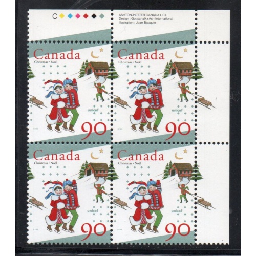 Canada Sc 1629 1996 90 c Christmas UR Inscription  Block of 4 mint NH