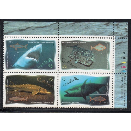 Canada Sc 1644a 1997 Ocean Fish UR Inscription  Block of 4 mint NH