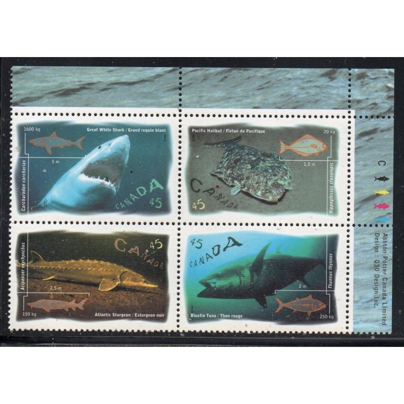 Canada Sc 1644a 1997 Ocean Fish UR Inscription  Block of 4 mint NH