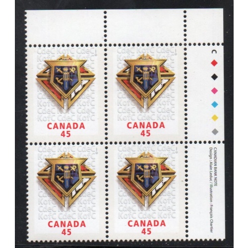 Canada Sc 1656 1997 45c Knights of Columbus UR Inscription  Block of 4 mint NH