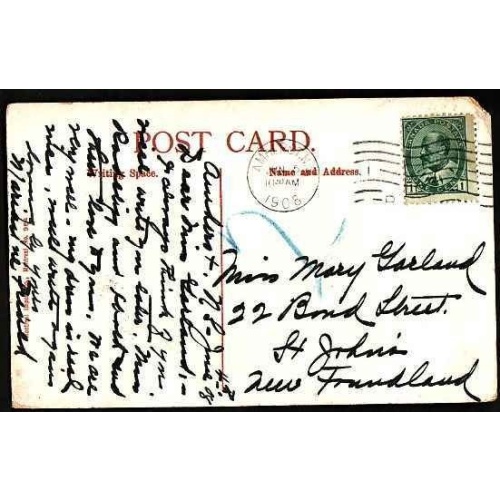 Canada-cover #10205 - 1c KEVII p/c to Newfoundland-blue "2"-due-Amherst,NS-J