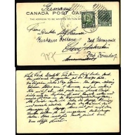 Canada-#9474 - 2c Admiral stationery uprated-2c KGV scroll p/c to Germany-Grenfell, Sask