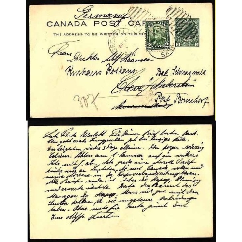 Canada-#9474 - 2c Admiral stationery uprated-2c KGV scroll p/c to Germany-Grenfell, Sask