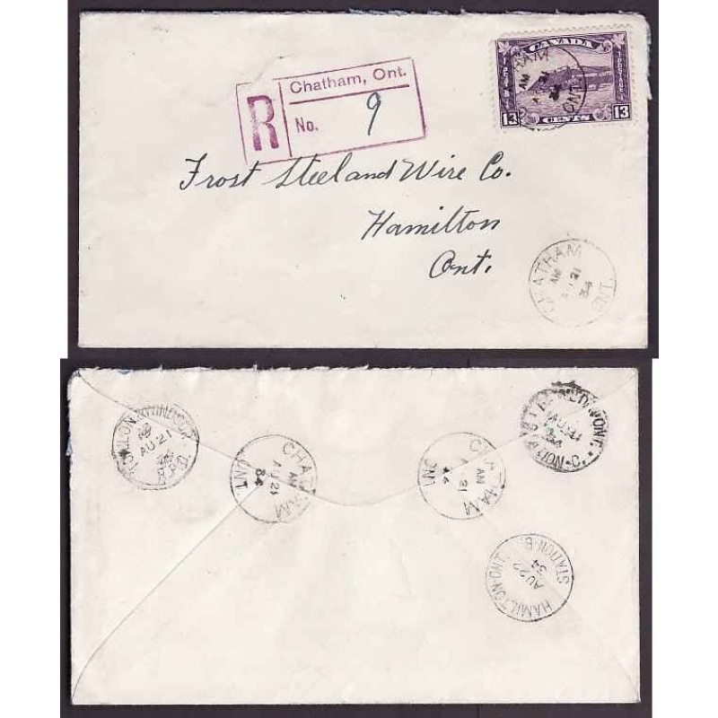 Canada-#9599 - 13c KGV Quebec Citadel reg'd-Kent County-Chatham,Ont-Au 21 1934-