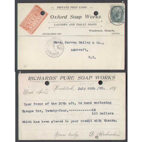 Canada-cover #4592-1c-private p/c-advert-Oxford Cty-Woodstock,Ont-JAshcroft Station,BC-J