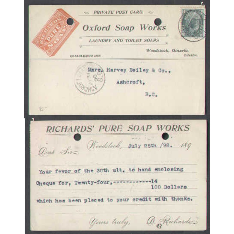 Canada-cover #4592-1c-private p/c-advert-Oxford Cty-Woodstock,Ont-JAshcroft Station,BC-J