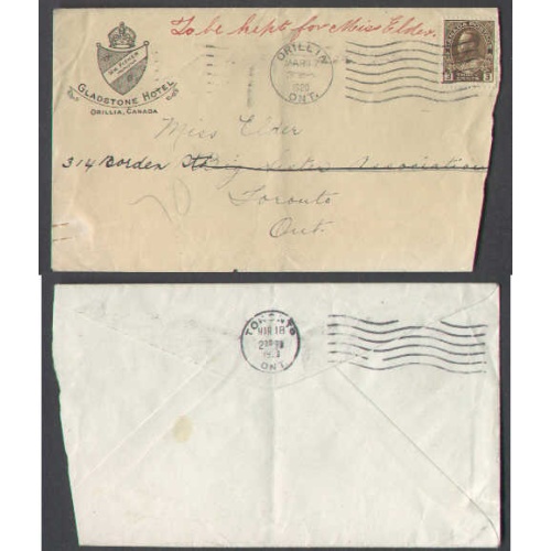 Canada-cover #5322-3c-Simcoe Cty-Orillia,Ont-Mar 17 1920-Gladstone Hotel , Wm Fisher , proprietor