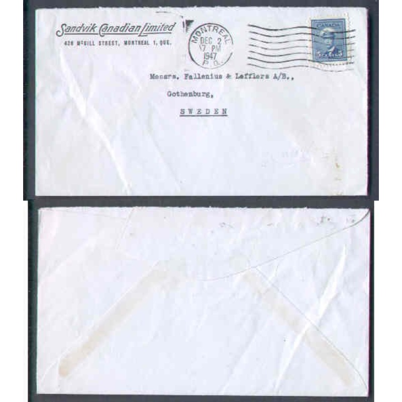 Canada-#9678 - 5c KGVI war to Sweden-Montreal,PQ-Dec 2 1947-5c