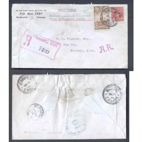 Canada-cover #9744-4c KGVI war+10c Parliament reg'd-Winnipeg,Canada-H/S "AR"