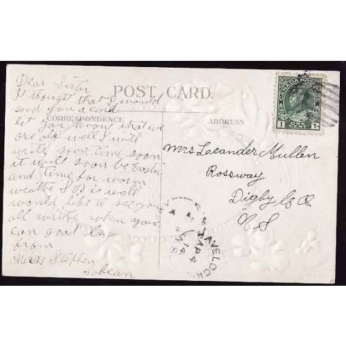 Canada-cover #11868-1c Admiral-p/c- Havelock, NS  - Ap 4 1914 -