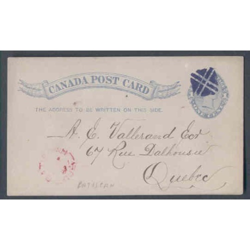 Canada-cover #9782-1c QV p/c-fancy cancel-Batiscan,Que single broken circle-21 Sp 1887