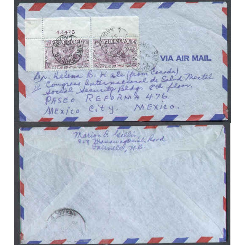Canada-cover #5721-5c(2) pair with plate #-to Mexico-St. John,NB-B/S partial Mexico
