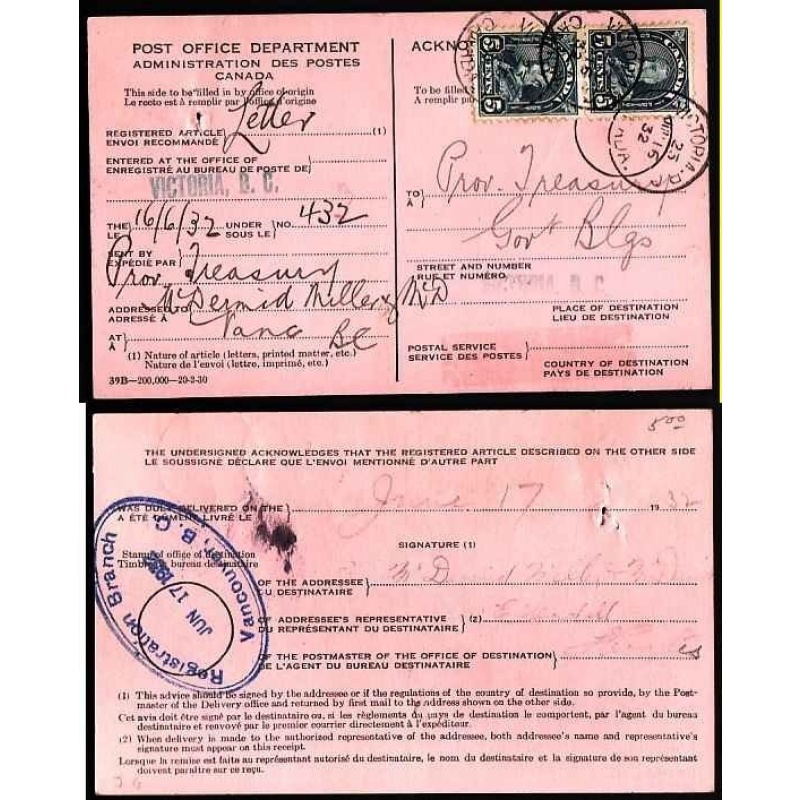 Canada-cover #10404-5c pair KGV-AR card-Victoria BC, Canada - Jun 16 1932 -
