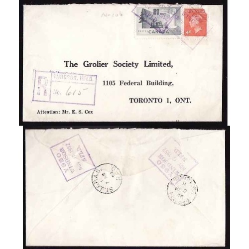 Canada-cover #13589-4c+20c reg'd-Windsor,NFLD-B/S St J&PAB/ RPO-NL 58-