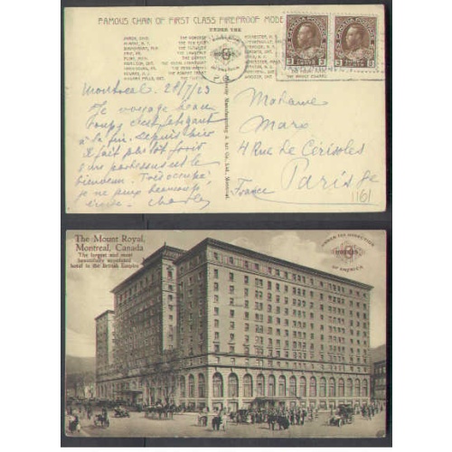 Canada-cover  #4434-3c(2)-p/c-Montreal,PQ-Jy 28 1923-6c UPU p/c rate-Franc