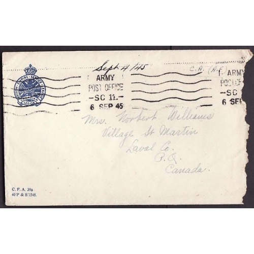 Canada-cover #9963 - no franking - Army Post Office SC 11 - 6 Sep 1945 - CC "British Empire