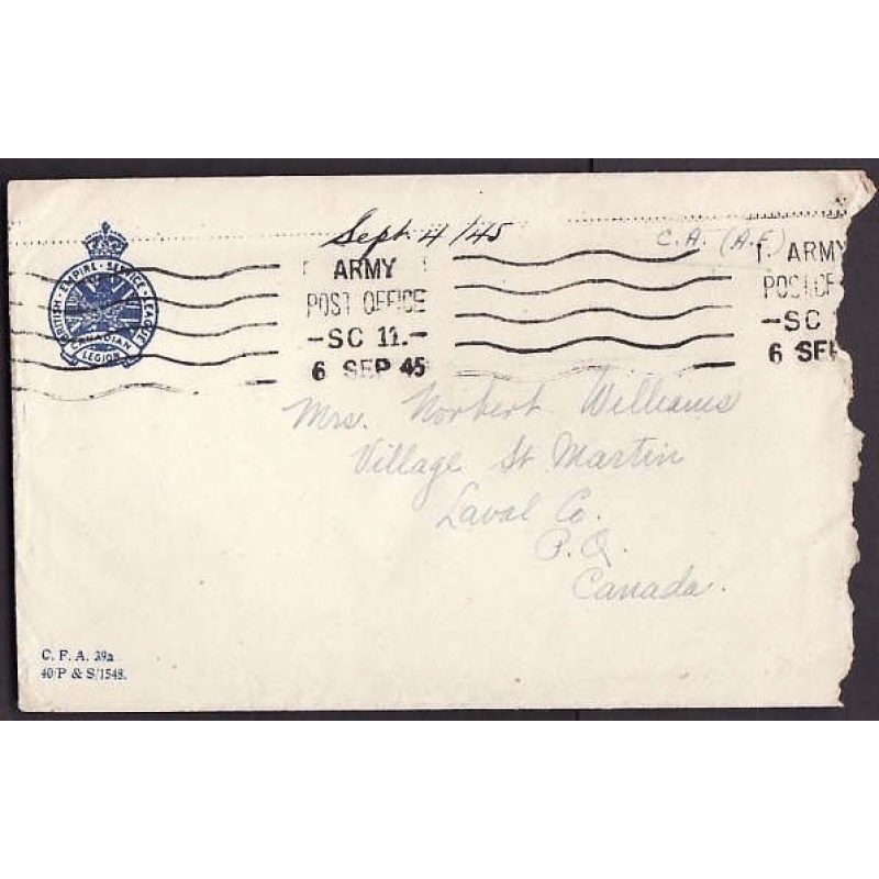 Canada-cover #9963 - no franking - Army Post Office SC 11 - 6 Sep 1945 - CC "British Empire