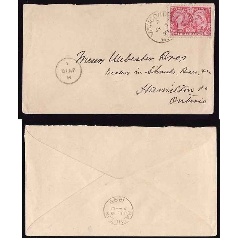 Canada-cover #12014-3c Jubilee-Vancouver-Jy 5 1899- H/S Hamilton Carrier mark